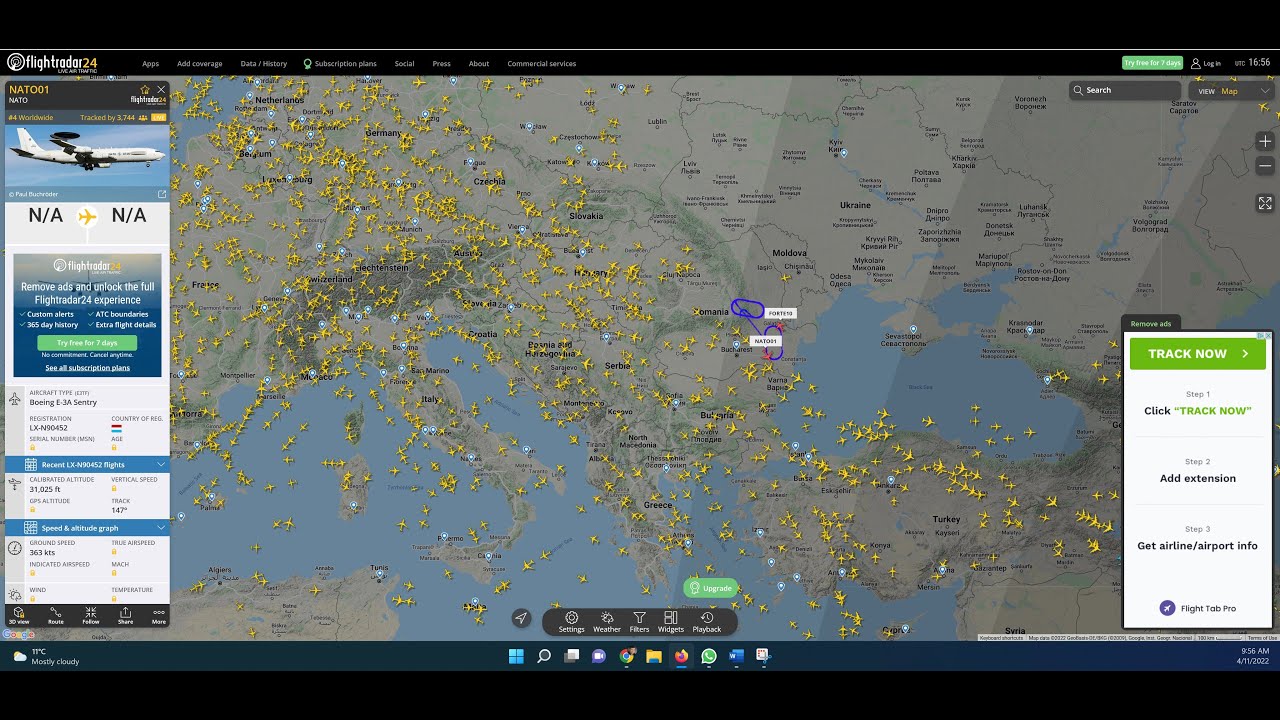 NATO monitoring the war in Ukraine - Flightradar24 2022_04_11 UTC 17:09