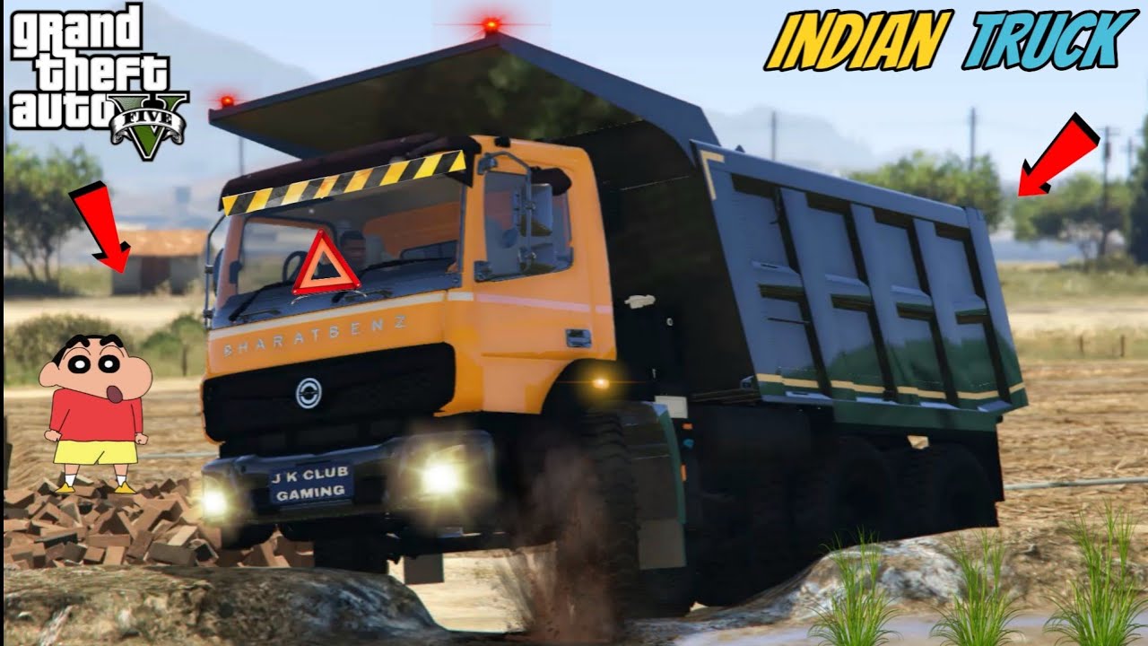 GTA 5: FRANKLIN AND SHINCHAN DRIVING INDIAN TRUCK BHARAT BENZ TIPPER FOR TRANSPORT BUSINESS IN GTA 5