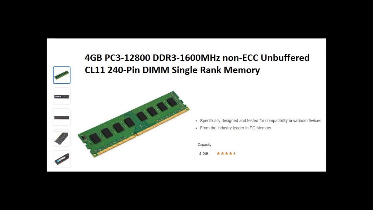 4GB PC3-12800 DDR3-1600MHz non-ECC Unbuffered CL11 240-Pin DIMM Single Rank Memory