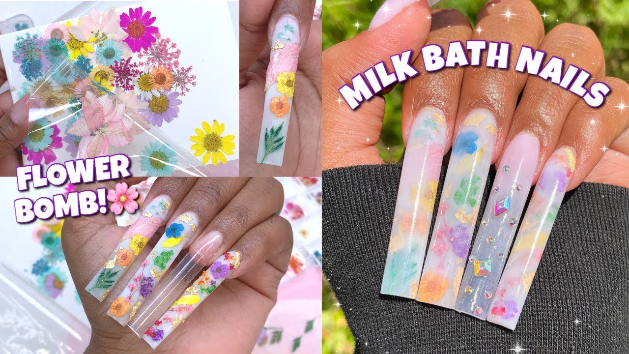 MILK BATH ACRYLIC NAILS 🌸 | FLOWER CORE NAIL ART | Nail Tutorial For Beginners
