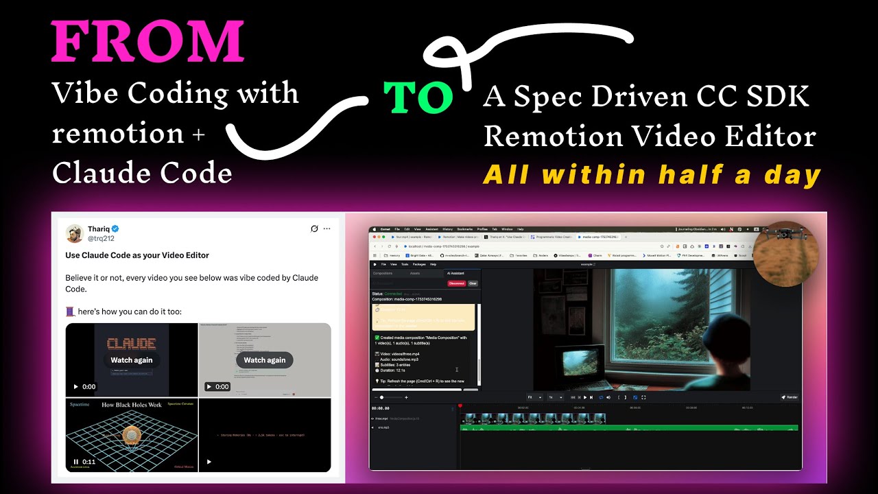 Vibe Coding with Claude Code + Remotion to Building A CC SDK Wrapper around Remotion codable editor.