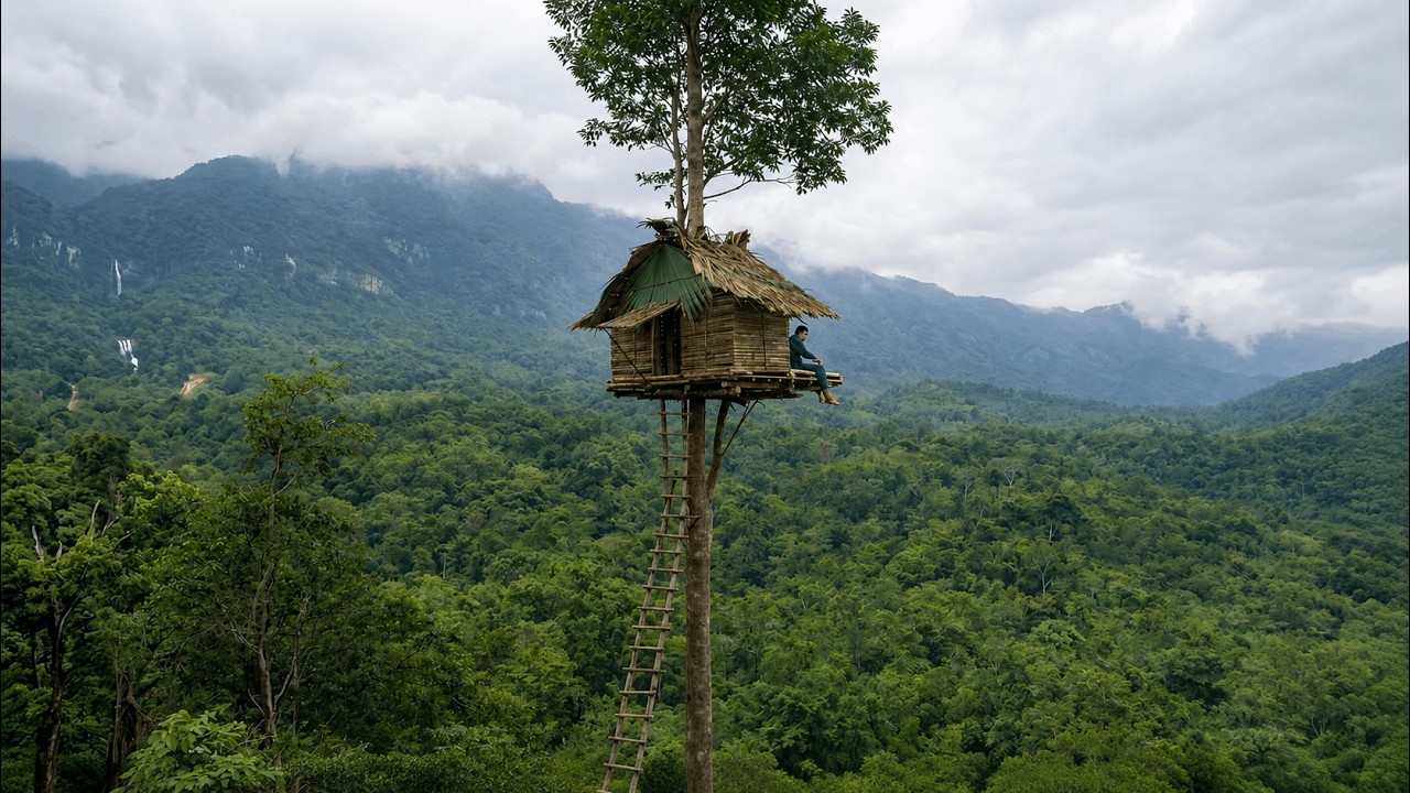 Building a Bamboo Tree House Alone  Bushcraft Cabin Life