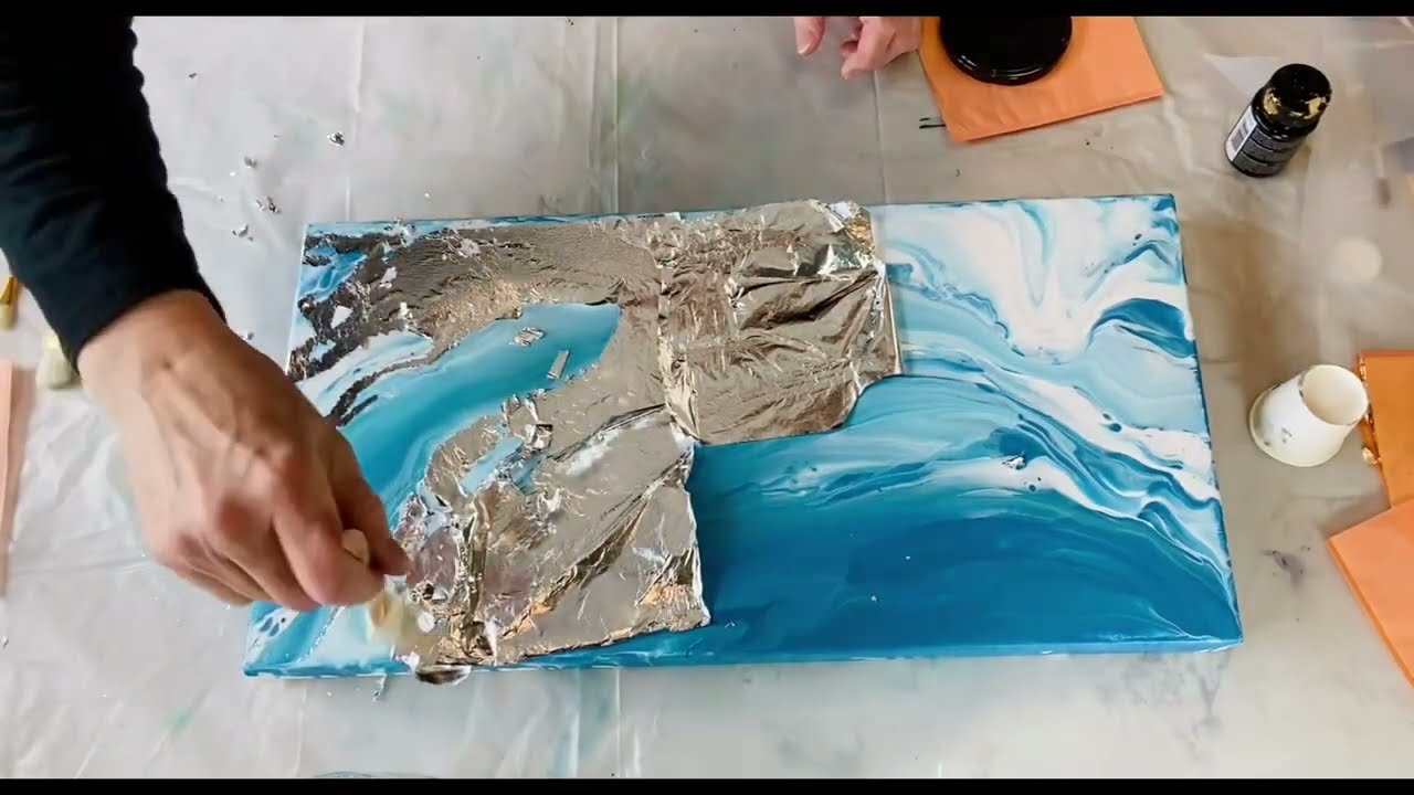 🤍Putting imitation silver leaf on an acrylic poured painting…now THAT was fun☑️