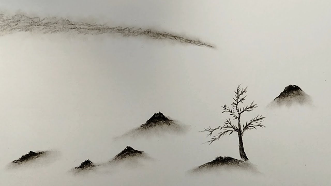 Foggy Mountains Landscape Drawing with Charcoal Pencil