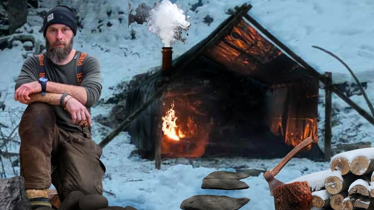 Winter Bushcraft Shelter & Building an Inside Fire Place | &ndash;15&deg;C Solo Winter Camping with My Dog