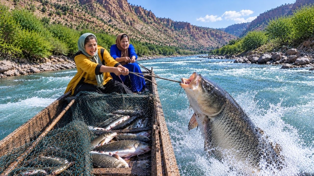 🌊🦈Incredible fish catching and crossing the wild Khersan River😱 | Crossing the raging nomadic river