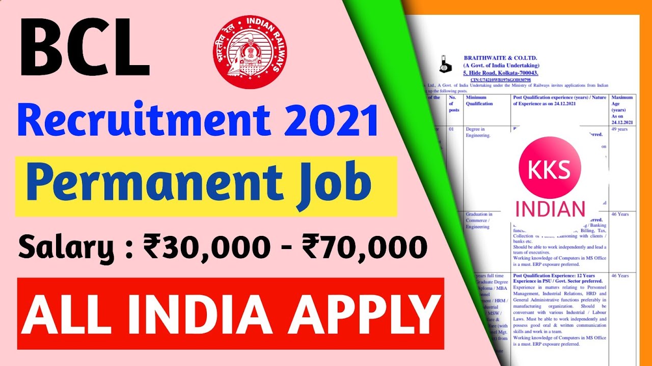 BCL Recruitment 2021 | RRB Railway Vacancy 2021 | All India Apply | Rrb je Notification 2021 SSC JE