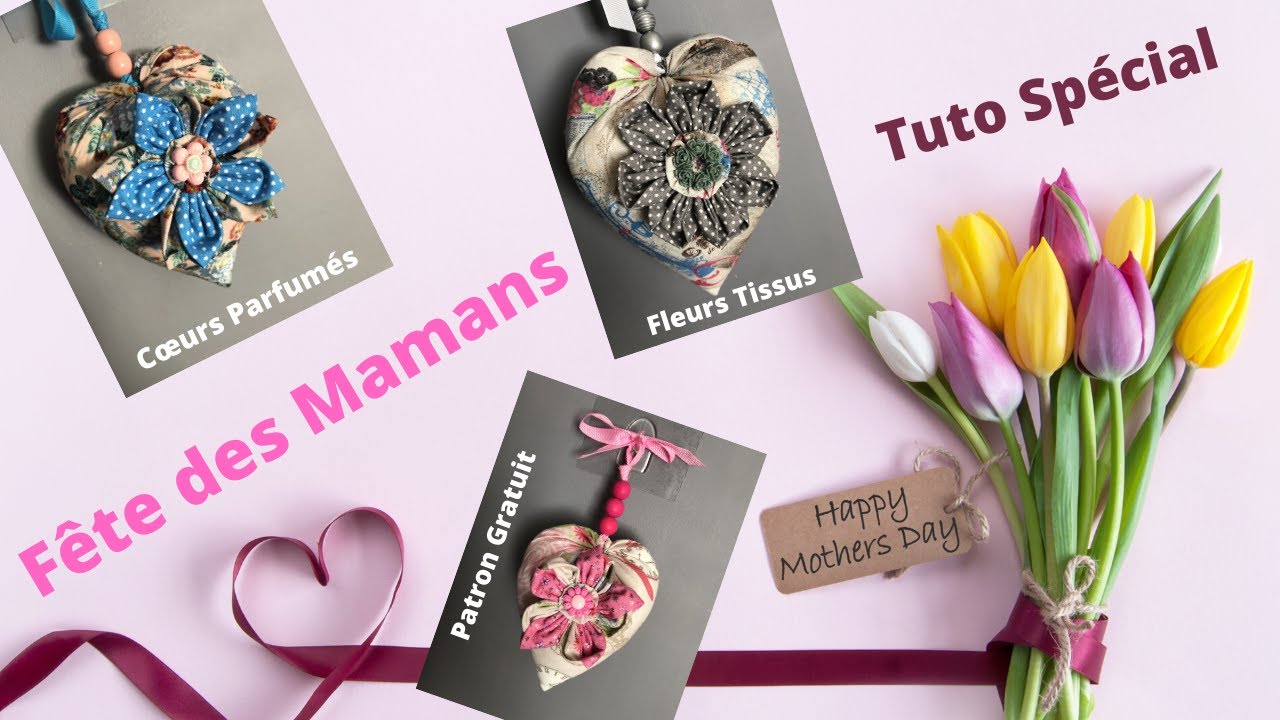 coeur facile parfumé fleur tissus,  8 fleurs en tissus diff, perles bois ruban tuto fête des mamans