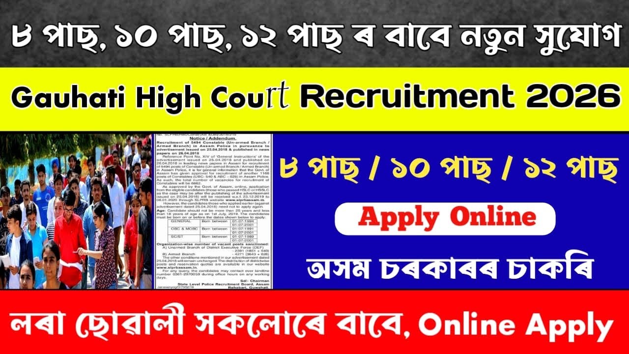 ৮ পাছ, ১০ পাছ, ১২ পাছ ৰ বাবে নতুন সুযোগ/ Gauhati High Court Recruitment 2026 / Assam Govt Job /Job