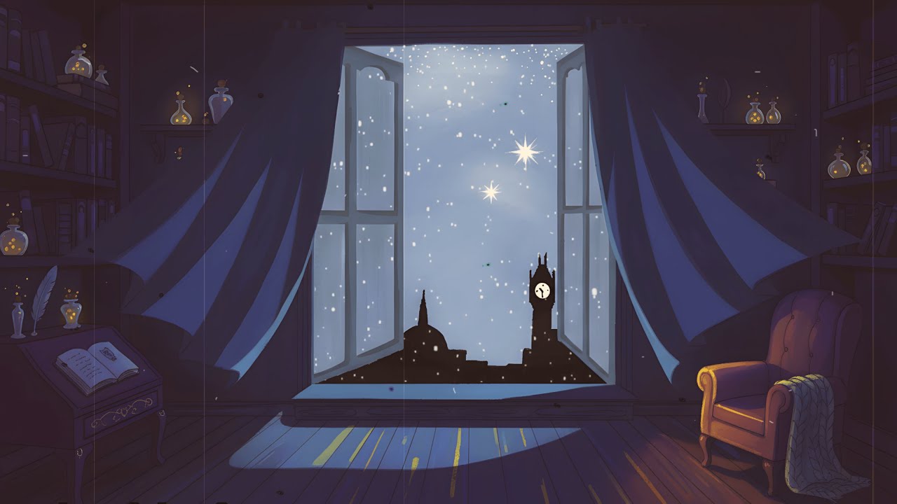 peaceful snowy night 1940s with vintage jazz playing softly in another room