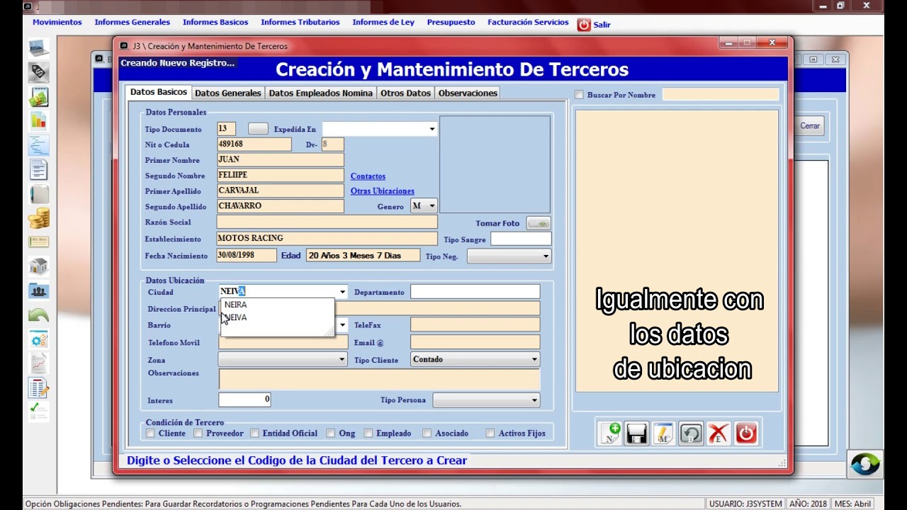 Software J3 System - Creaci&oacute;n de Terceros