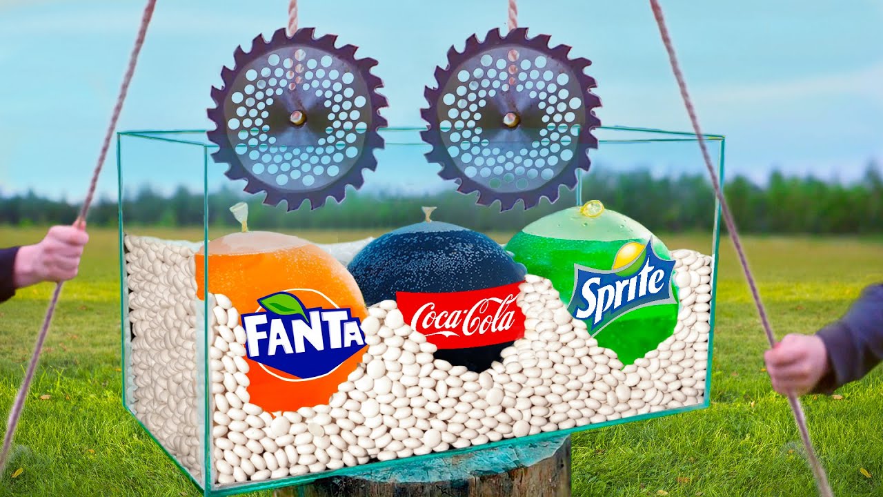 Experiment: Giant Balloons of Coca Cola & Fanta & Sprite VS Mentos VS Saws