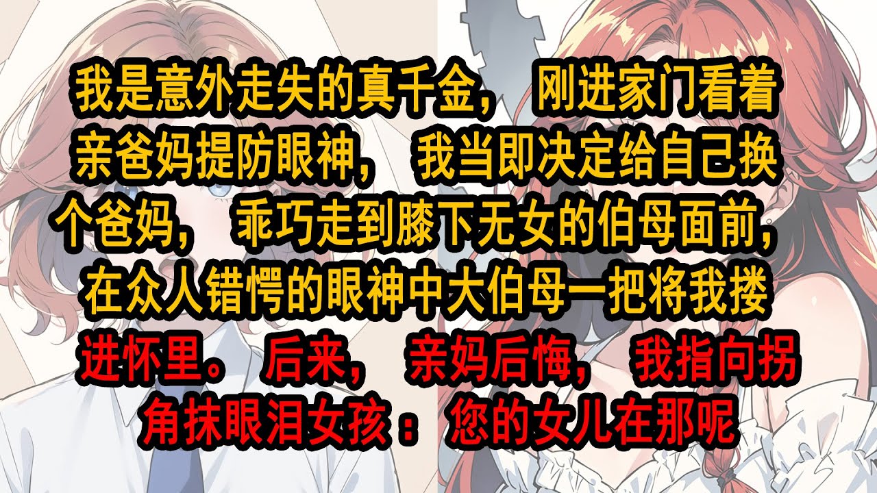 我是意外走失的真千金，剛進家門看著親爸媽提防眼神，我當即決定給自己換個爸媽，乖巧走到膝下無女的伯母面前，在眾人錯愕的眼神中大伯母一把將我摟進懷裏。後來，親媽後悔，我指向拐角抹眼淚女孩：您的女兒在那呢