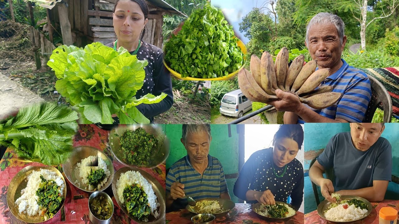 Rayo Ko Saag Banana Organic Khana Cooking & Eating with Rice || Village Life Vlog ||