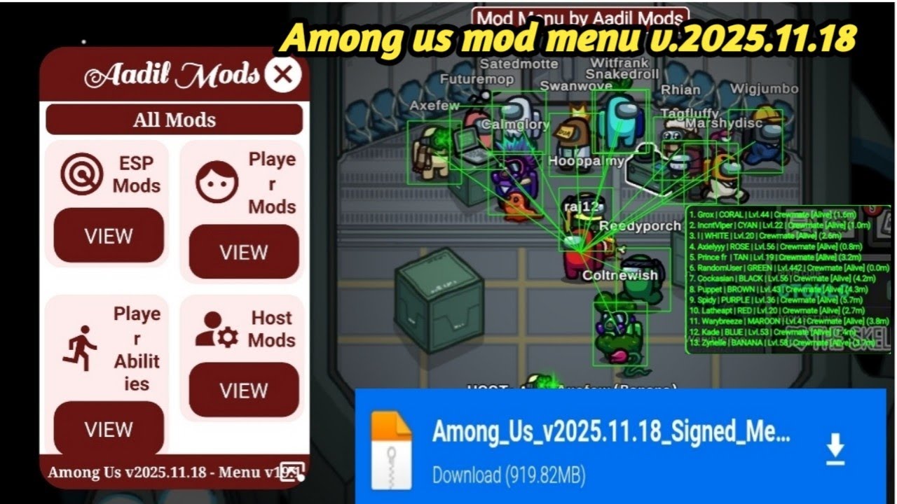 Among Us mod menu v2025.11.18 |Fake Imposter, ESP, Teleport, All outfit unlocked, Free chat etc. 