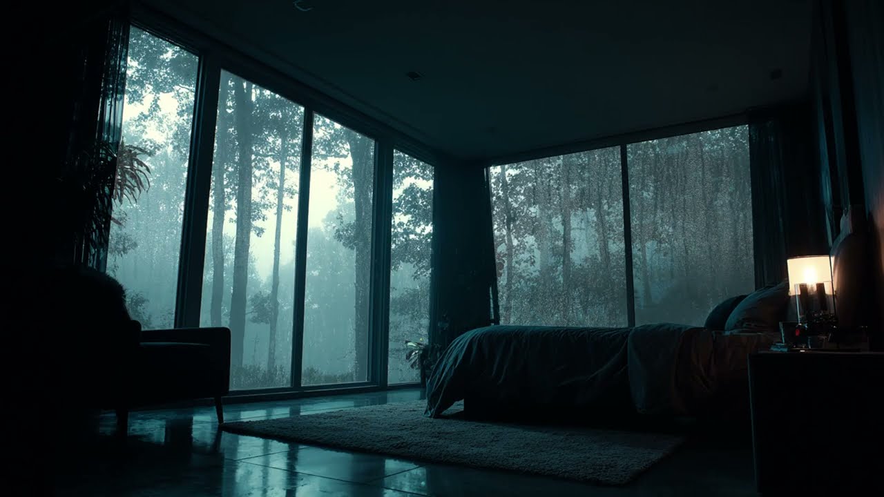 Rain on Window in a Forest Bedroom - Gentle Thunderstorm Sounds for Sleeping and Study Time