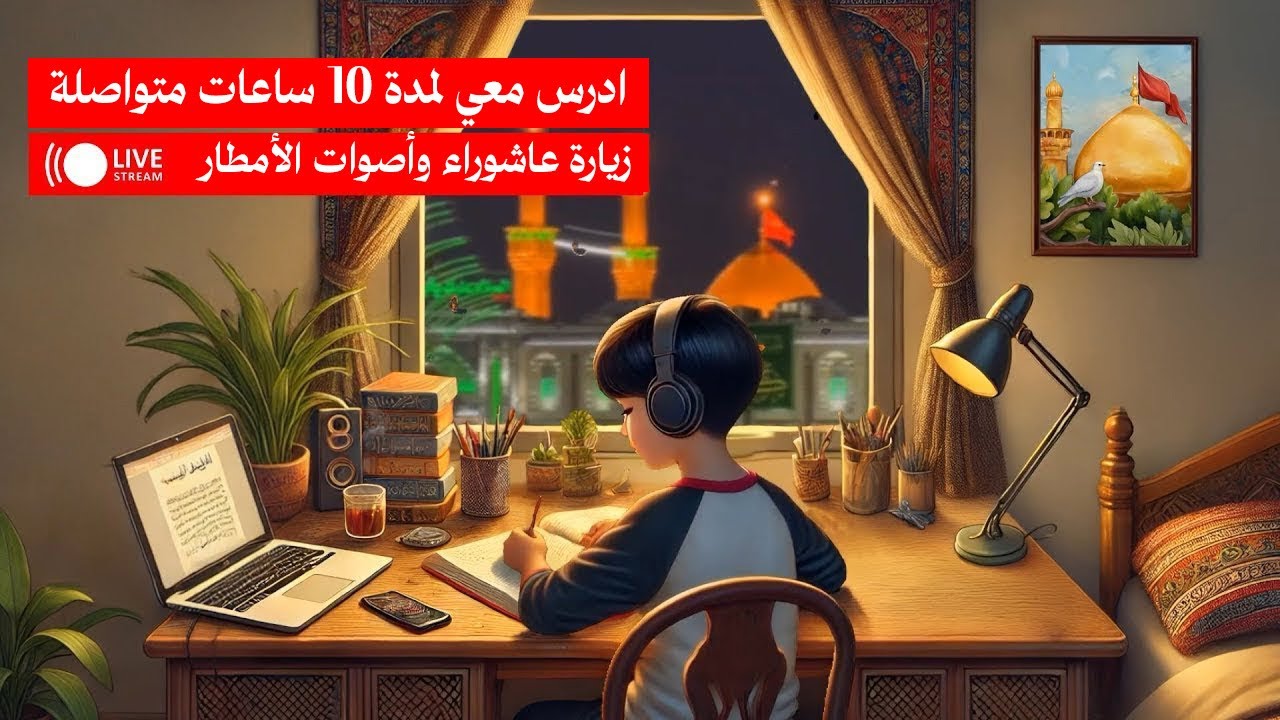 Study With Me | بث دراسي مستمر مع صوت الأمطار وزيارة عاشوراء - نافذة مطلة على قبة الإمام الحسين