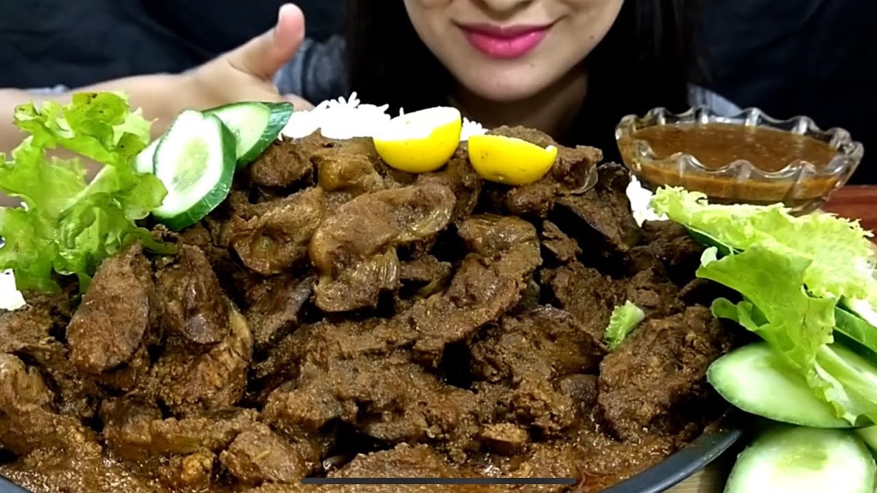 ASMR:EATING *CHICKEN LIVER* & GIZZARD CURRY, SPICY CHICKEN LIVER GIZZARD+ONION+RICE || MUKBANG
