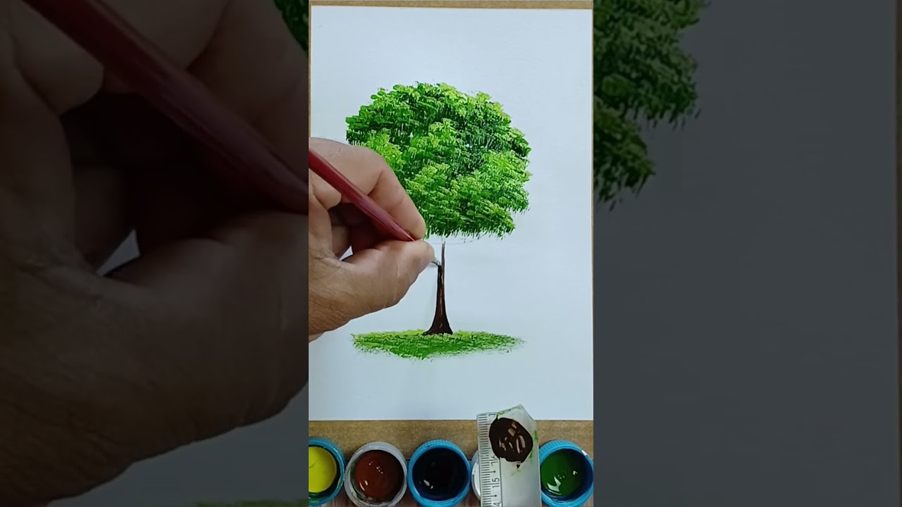 Como Pintar uma Árvore Fácil para iniciantes pintar uma árvore verde com técnica de pintura fácil 