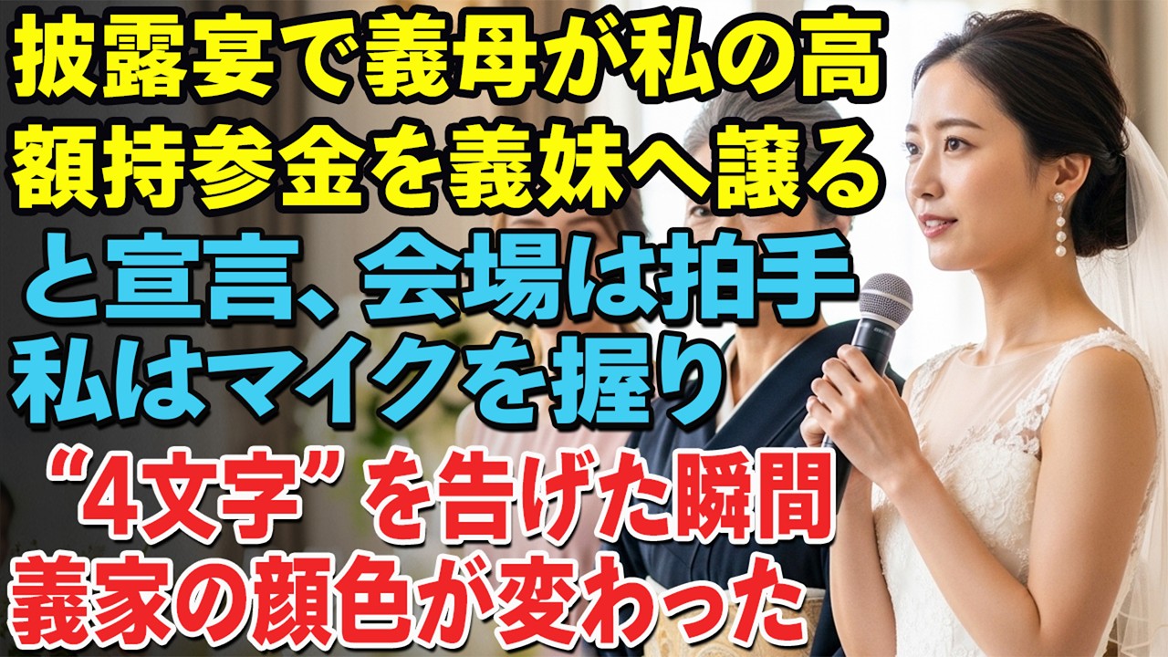 披露宴で義母が私の高額持参金を義妹へ譲ると宣言、会場は拍手。私はマイクを握り“4文字”を告げた瞬間、義家の顔色が変わった――