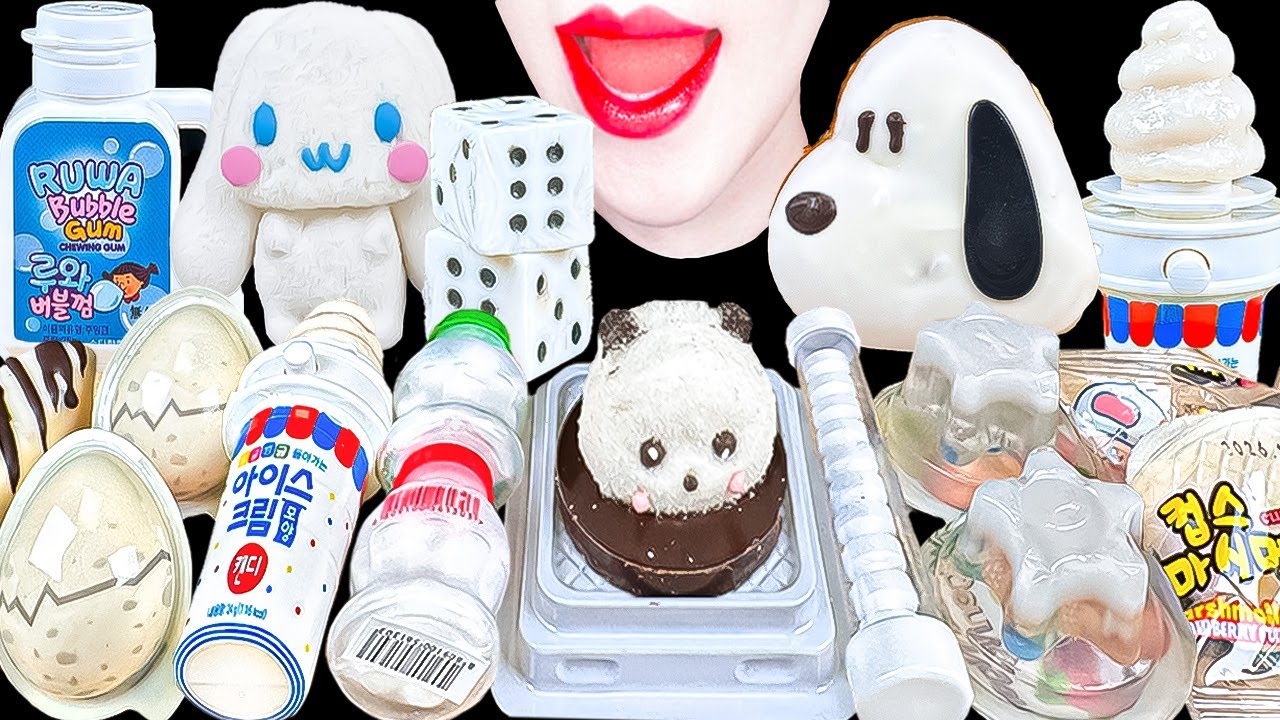 ASMR WHITE CANDY🤍스누피, 시나모롤 케이크 도넛 흰색 디저트 Snoopy, Cinnamoroll, Cake doughnut 먹방 EATING MUKBANG