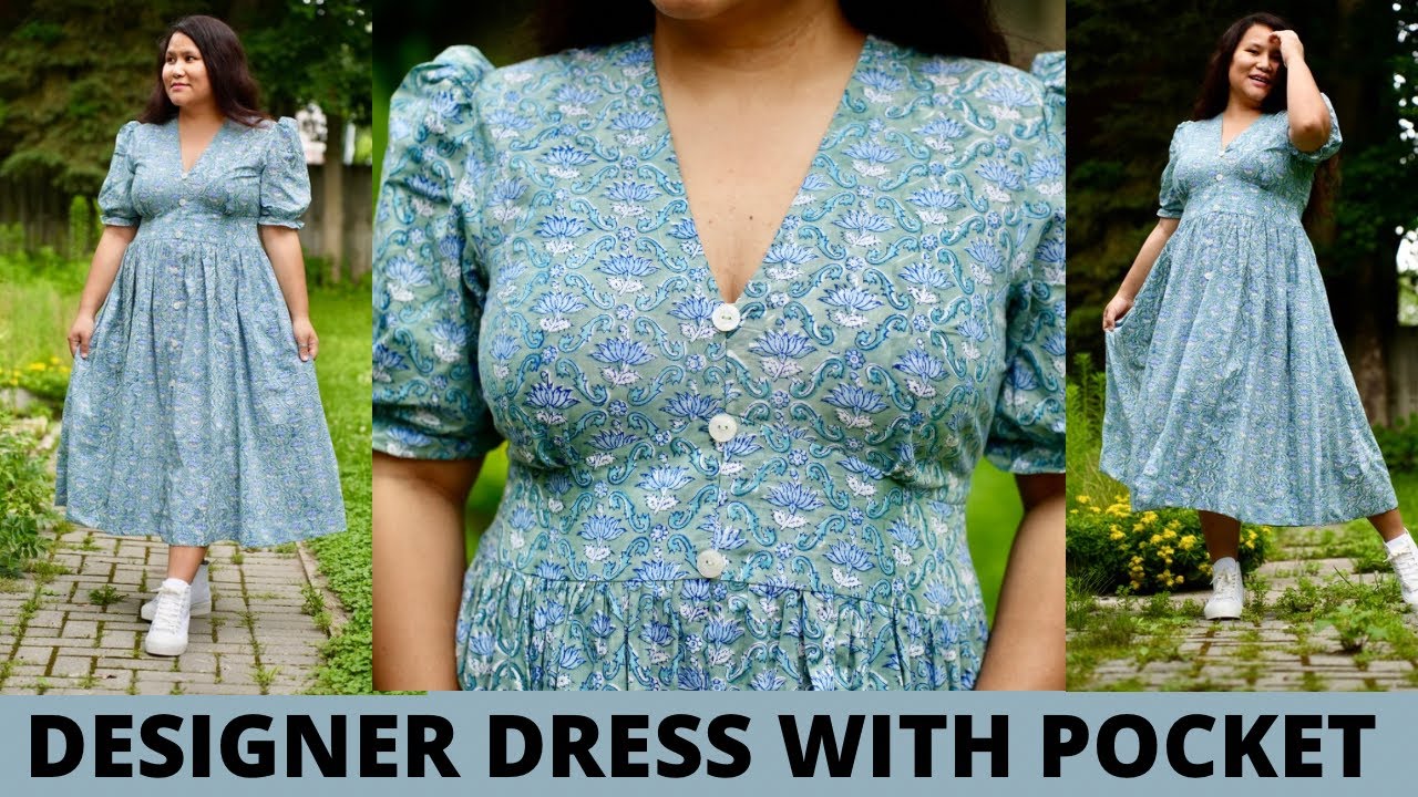 How To Make Designer Dress with Pocket/Puff sleeve|Summer Dress|V-neck Dress|Maina Thapa