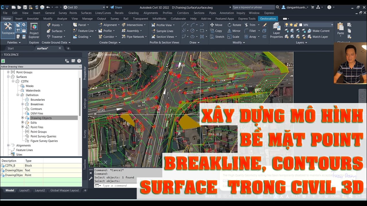 Xây dựng mô hình bề mặt Point, Breakline, Contours, Surface  trong Civil 3D.