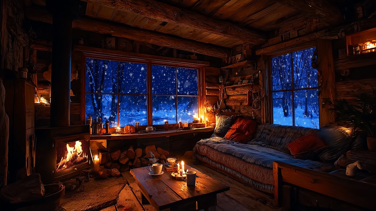 Cozy Log Cabin Fireplace on Snowy Night ❄️| Warm Ambience for Deep Sleep (NO ADS)
