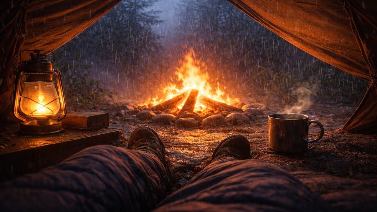 Rainy Night at the Campfire 🌧️ Fire Crackling & Thunder Sounds for Sleep [4K POV Ambience]