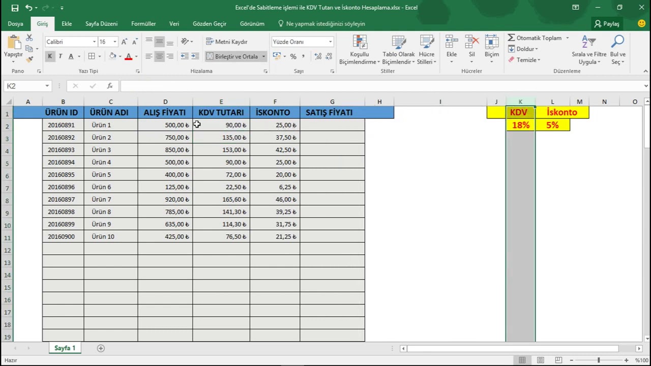 11 Excel'de Sabitleme işlemi ile KDV Tutarı ve İskonto Hesaplamak _ Excel Eğitimi