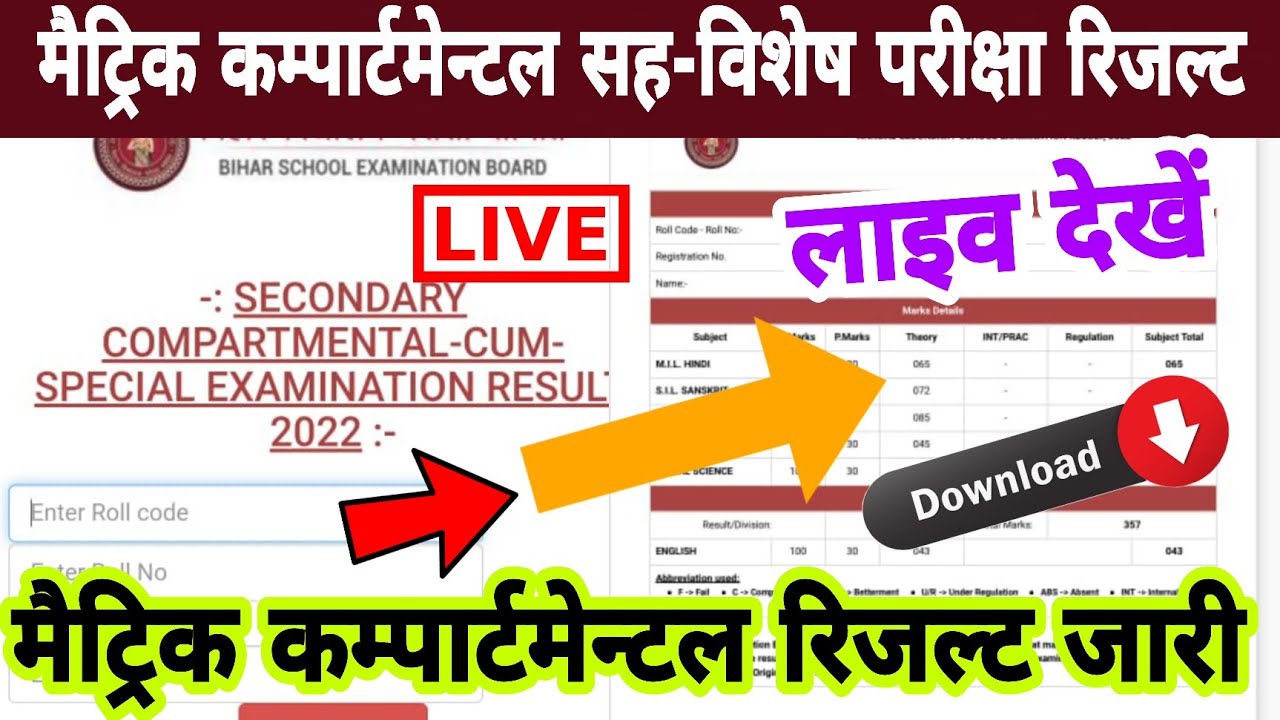 Bihar board matric compartmental sah vishesh exam result 2022 |Matric compartmental result 2022 link