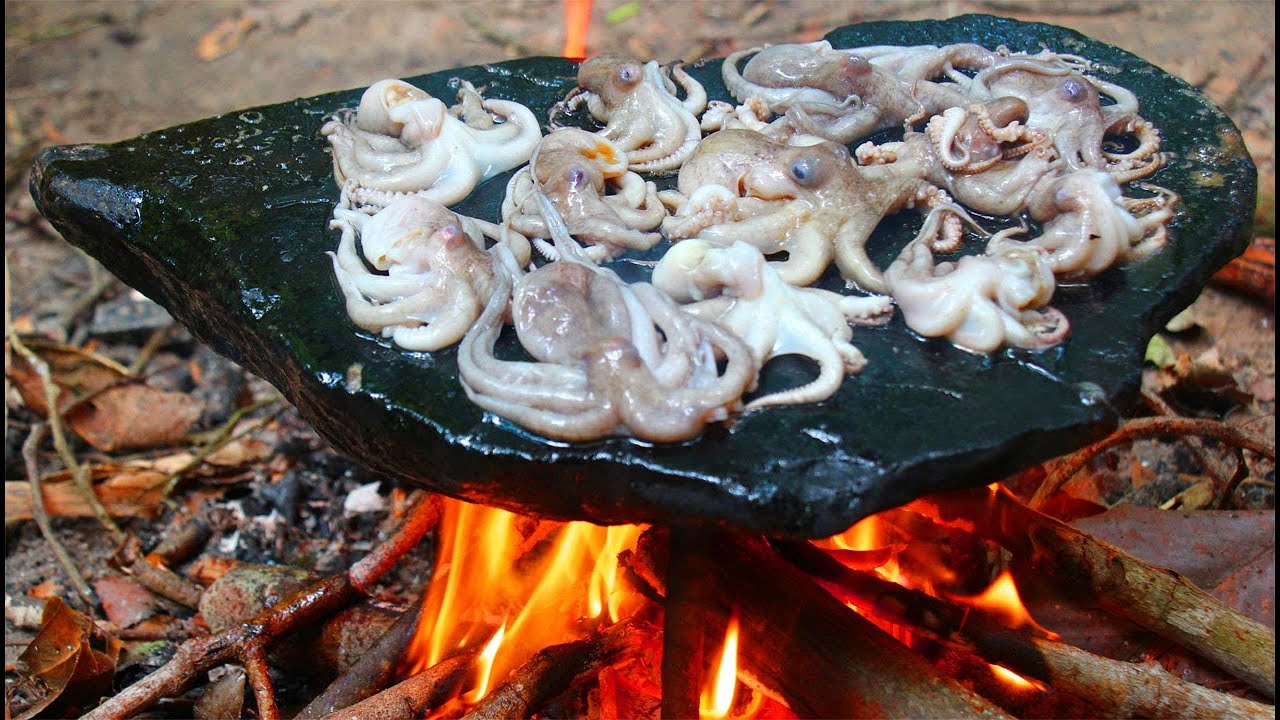 Cooking Octopus on the Rock - Cook Squid bbq eat with hot Chili Sauce so delicious