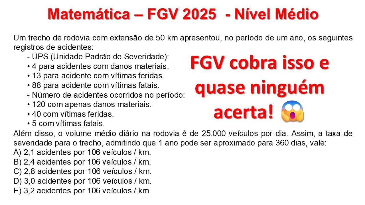 Matemática FGV nível médio: taxa de severidade, UPS e volume de tráfego descomplicados