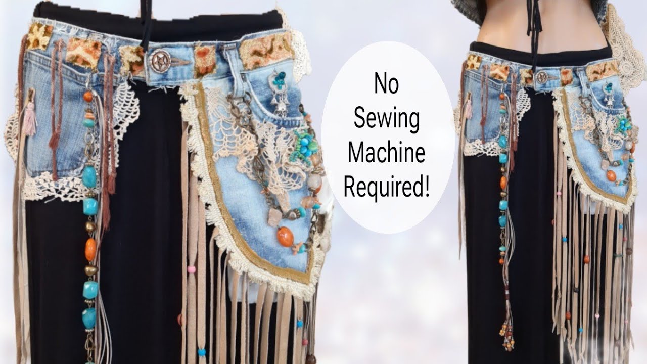 EASY DIY How To Make a Boho Pocket Belt From An Old Pair Of Jeans / No Sewing Machine Required