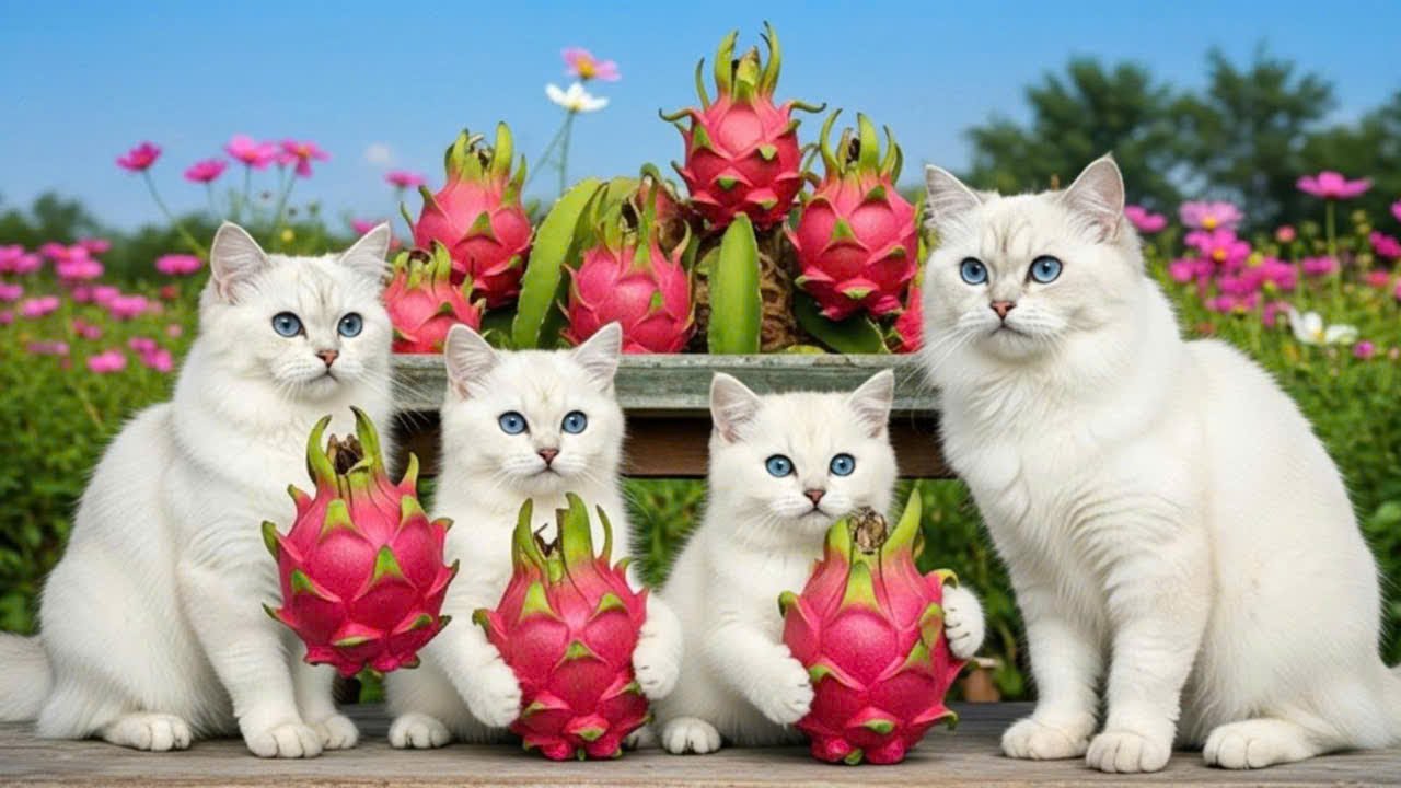 🐱Papa Cat, Mama Cat, and Kitten Enjoy Dragon Fruit Harvest Day | Funny cats videos 2025