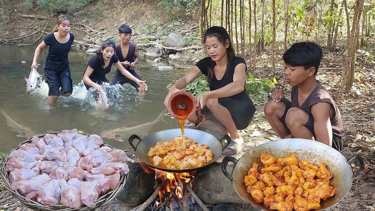 Survival in forest, Catch and cook fish for food of survival, Chicken wing salad cooking for lunch