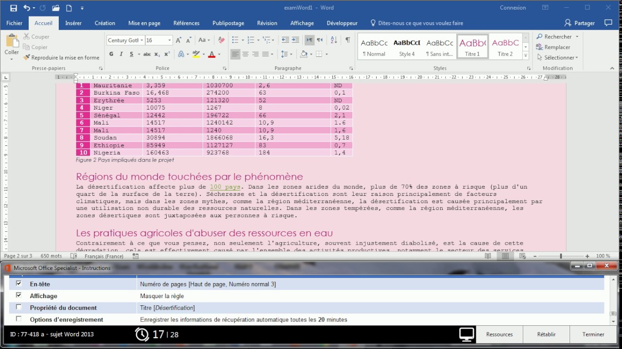 - N° de pages - Masquer la règle - Propriété du document WORD 2013. préparer par AB.AITALI