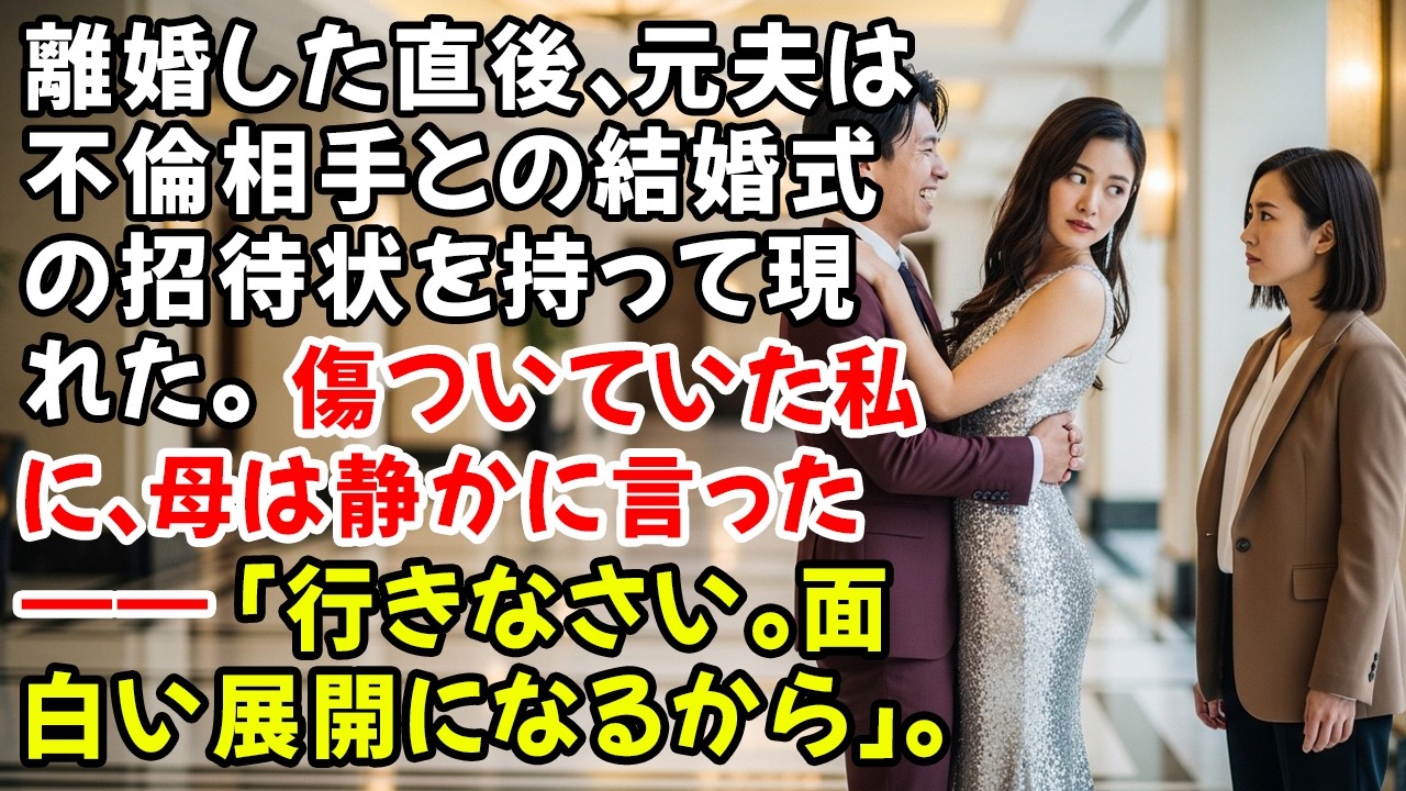 離婚した直後、元夫は不倫相手との結婚式の招待状を持って現れた。傷ついていた私に、母は静かに言った——「行きなさい。面白い展開になるから」。