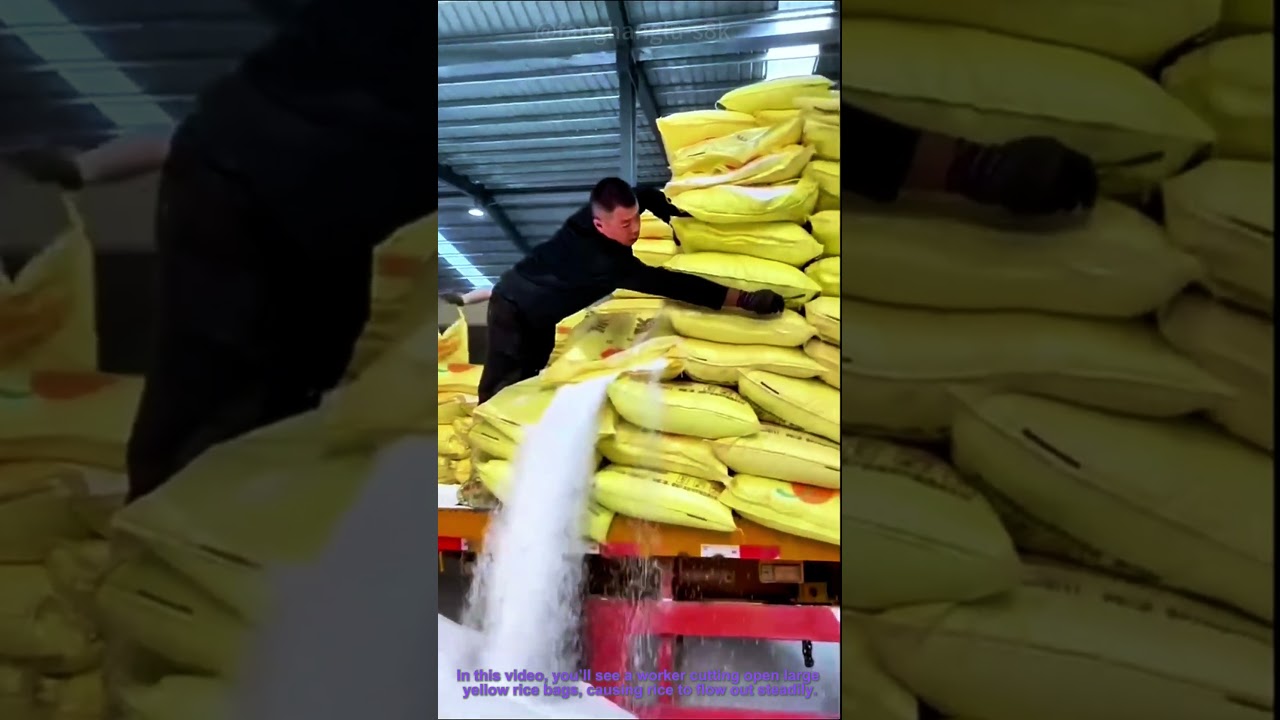 Worker Cuts Rice Bags to Release Grain
