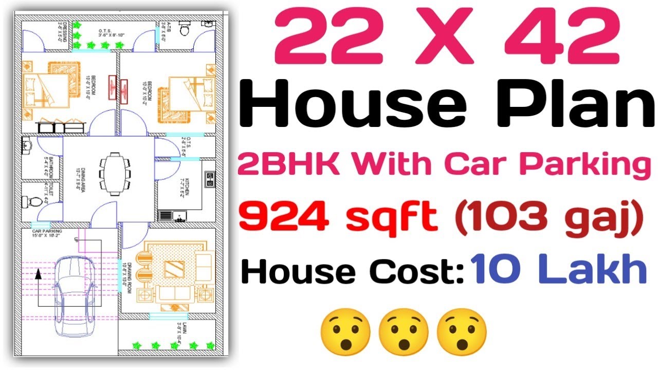 22 x 42 (103 gaj) Small House Plan || 2BHK With Car Parking || 924 sqft House Design (Hindi/Urdu).