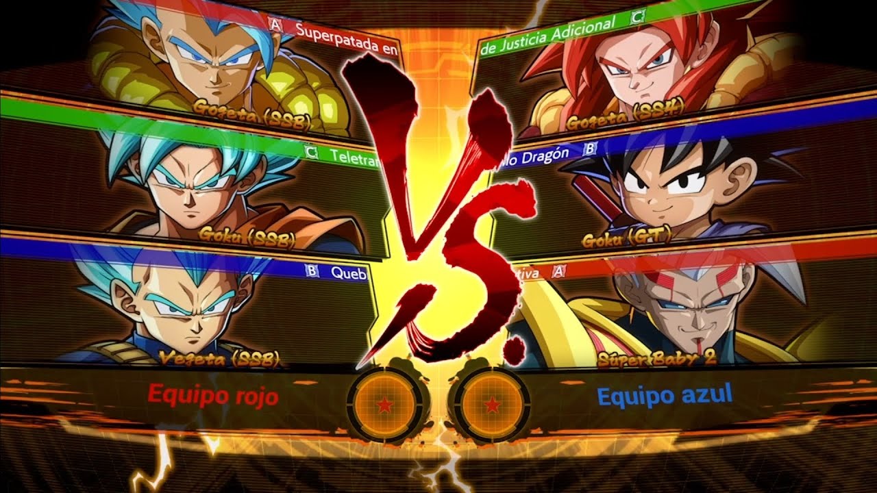 Gogeta(SSB) y Goku(SSB) y Vegeta(SSB) y Gogeta(SS4) y Goku(GT) y Súper Baby 2 Dragon Ball Fighterz