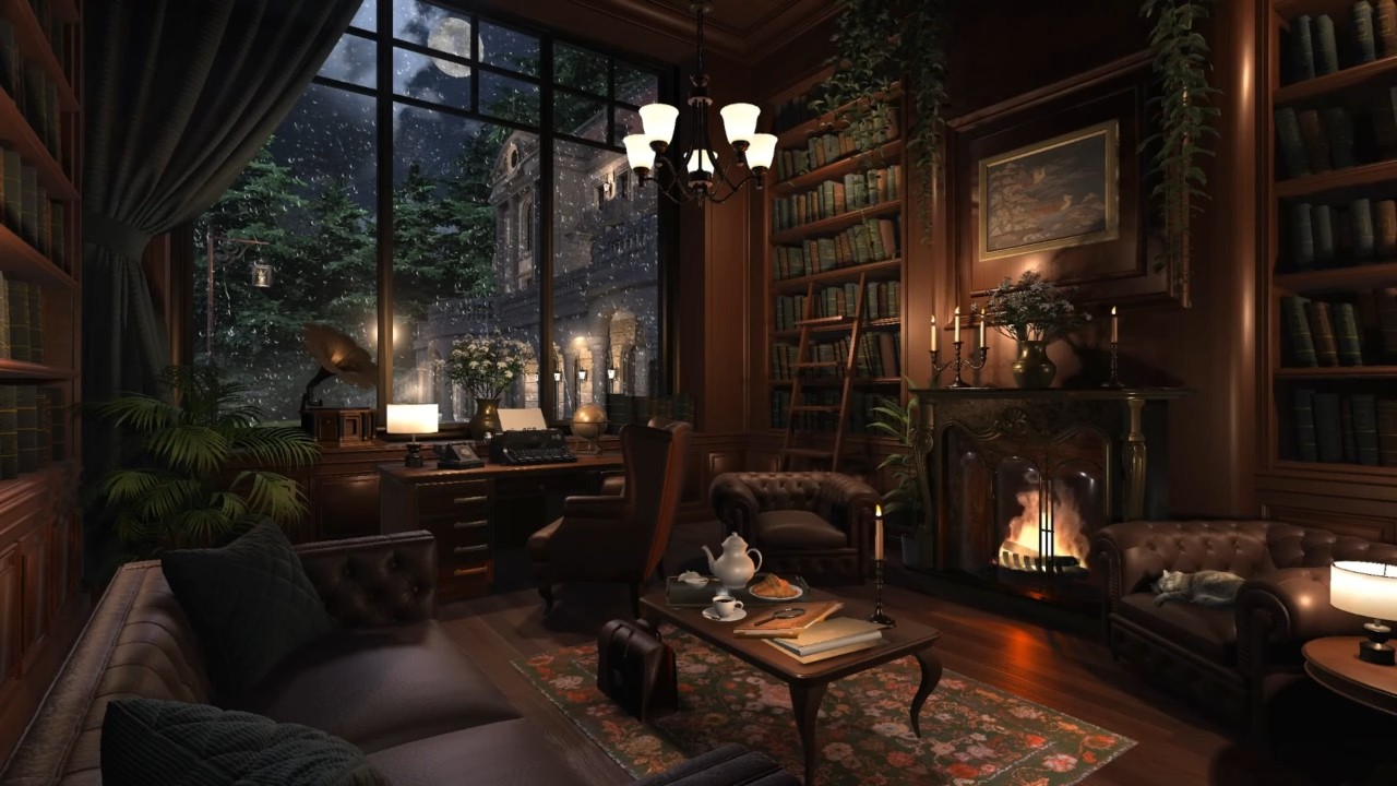 Manor Library | Night Rain Ambience | Fireplace & Thunderstorm Sounds