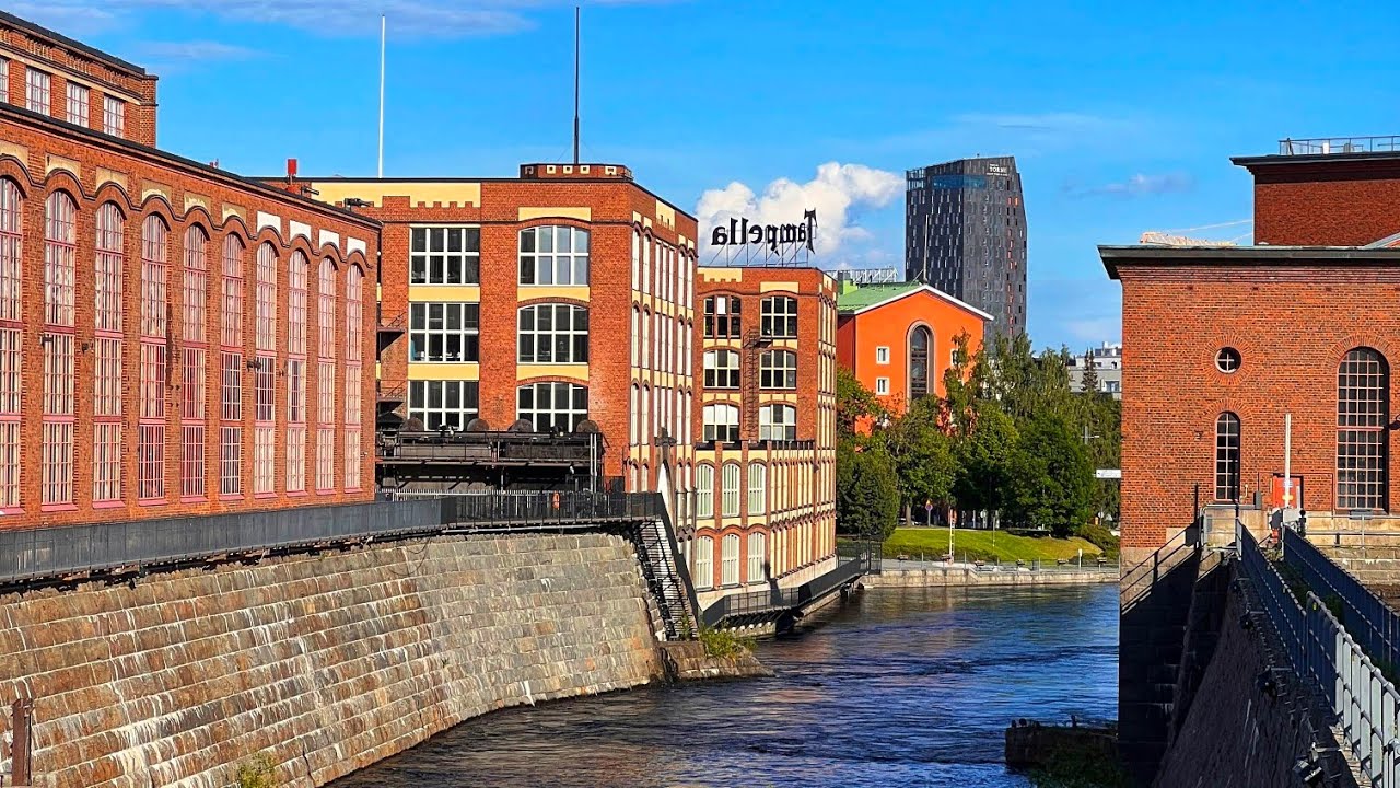 4K - Summer Walk Through Tampere (Tammerfors) in Finland. Retro Food Market and River Scenery.