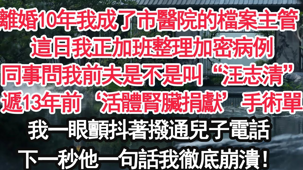 離婚10年我成了市醫院的檔案主管 這日我正加班整理加密病例同事問我前夫是不是叫“汪志清”遞13年前‘活體腎臟捐獻’手術單我一眼顫抖著撥通兒子電話下一秒他一句話我徹底崩潰！【亞男】【大女主】【婚姻自主】