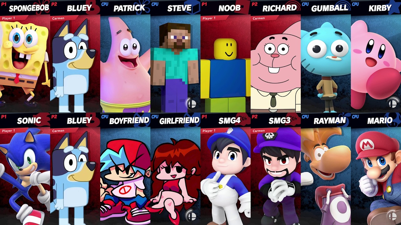 Sonic vs Mario vs Bluey vs SpongeBob vs Girlfriend vs Steve vs Roblox vs Minecraft | Smash Bros