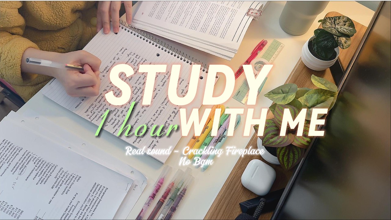 1 HOUR STUDY WITH ME | No BGM, Real Sounds 📚, Cozy Fireplace Ambience 🔥