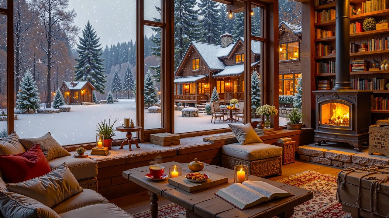 A peaceful winter atmosphere ❄️ Warm jazz piano music and the crackling of fire in the fireplace.