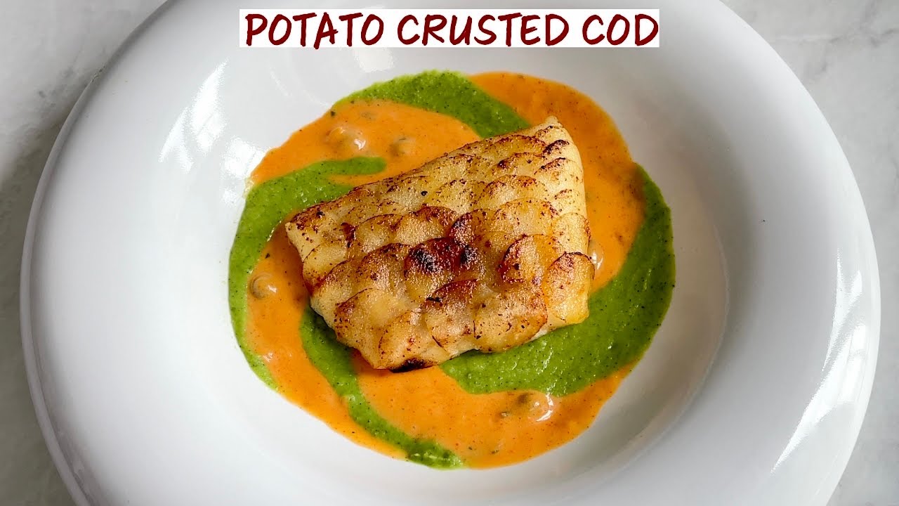 треска в картофельной корочке, гороховое пюре и острый тартар по-сабайонски