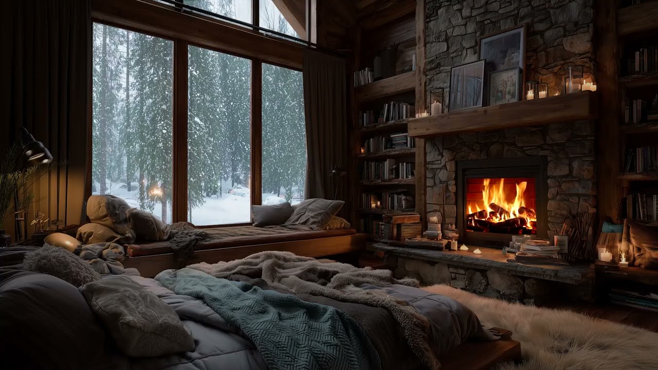 Cozy Fireplace & Soft Snowfall ❄️ Relaxing Piano Ambience