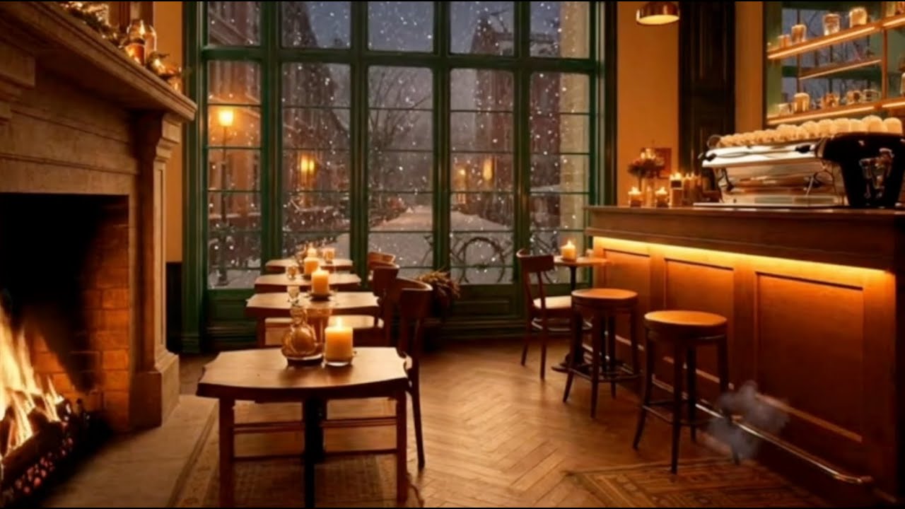 Cozy Snowy Café ❄️ Soft Jazz, Crackling Fireplace & Candlelight Coffee Shop Sounds for Calm Vibes